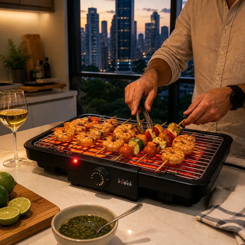Asador con brochetas de camarones