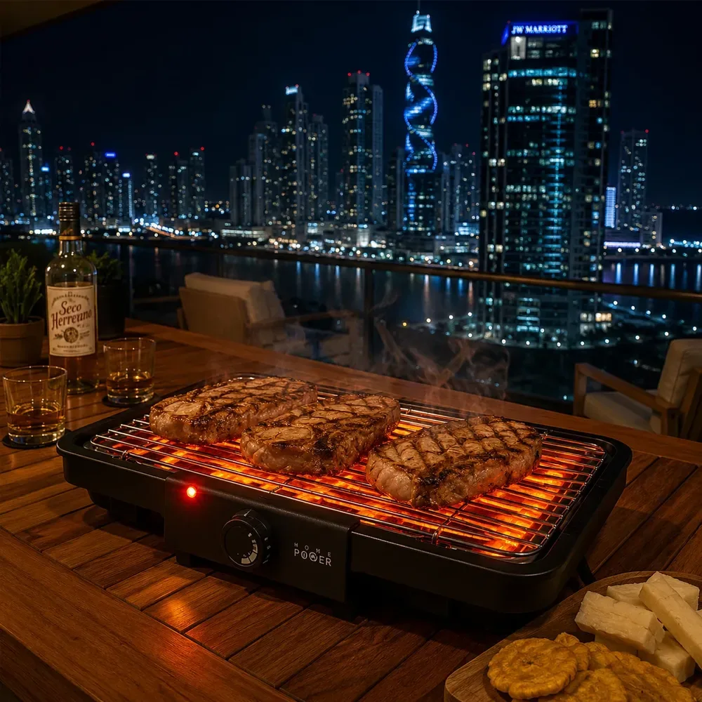 Asador con carnes en terraza de noche